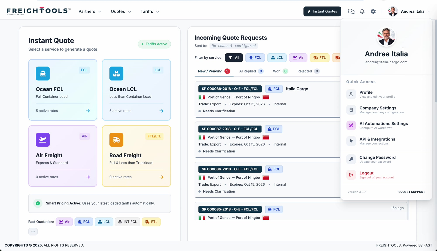 The user menu open, listing Profile, Company Settings, AI Automations Settings, API & Integrations, Change Password and Logout