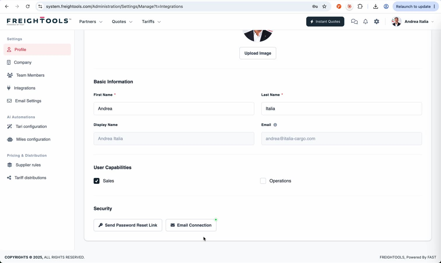 The user's Profile page shows Email Connection in Security, which is where an individual user's mailbox is connected.