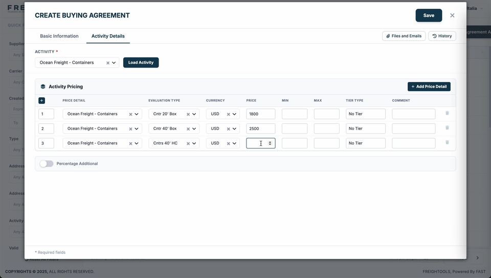 Activity Pricing with three numbered Ocean Freight - Containers rows in USD — Cntr 20' Box priced 1800, Cntr 40' Box priced 2500, and Cntrs 40' HC with an empty Price field