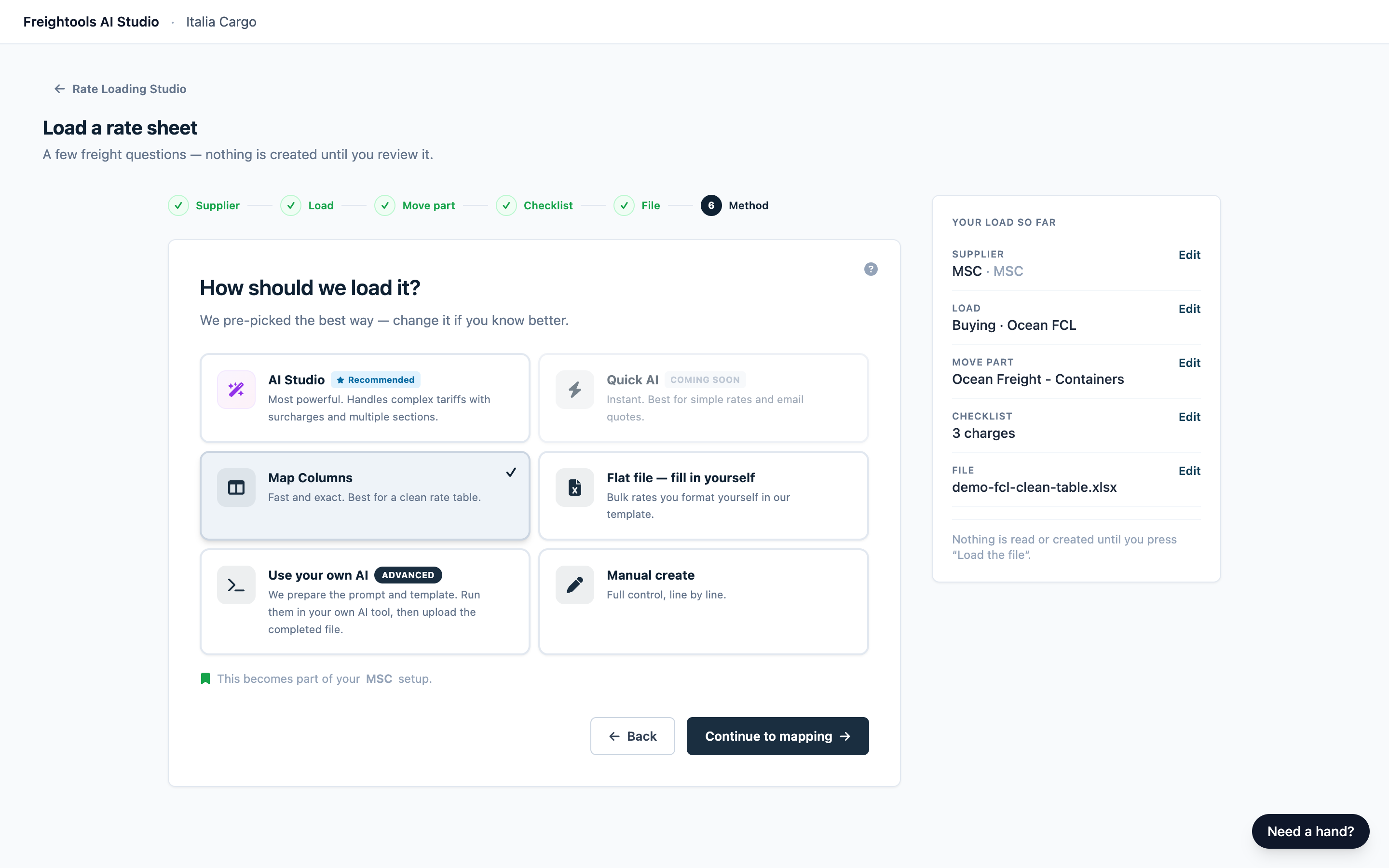 The Map Columns card selected on the How should we load it? step, with Continue to mapping ready