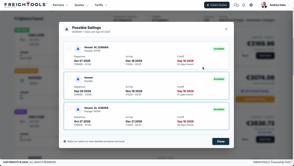 The Possible Sailings window open over the Instant Quote results, headed MAERSK, Valid until Sep 30 2026, with three sailing cards — two naming vessel AL ZUBARA and voyage 643W, one with the Vessel and Voyage fields blank — each carrying a green Available pill and a red Cutoff of Sep 16 2026; the two AL ZUBARA cards both depart CNNGB on Oct 27 2026 at 01:30 but arrive ITGOA on Dec 18 and Dec 21 2026, 53 and 56 days transit