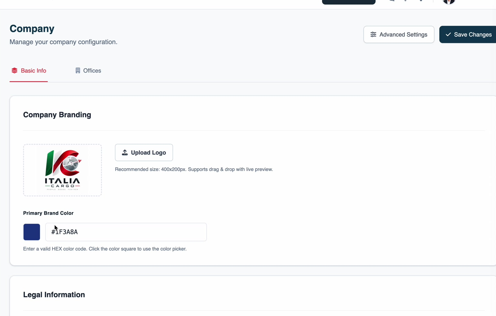 Company Branding, with the logo upload area and the Primary Brand Color field