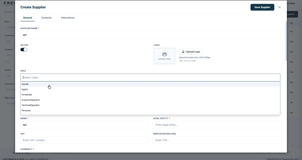 The Role list open on the Create Supplier form, showing the six roles
