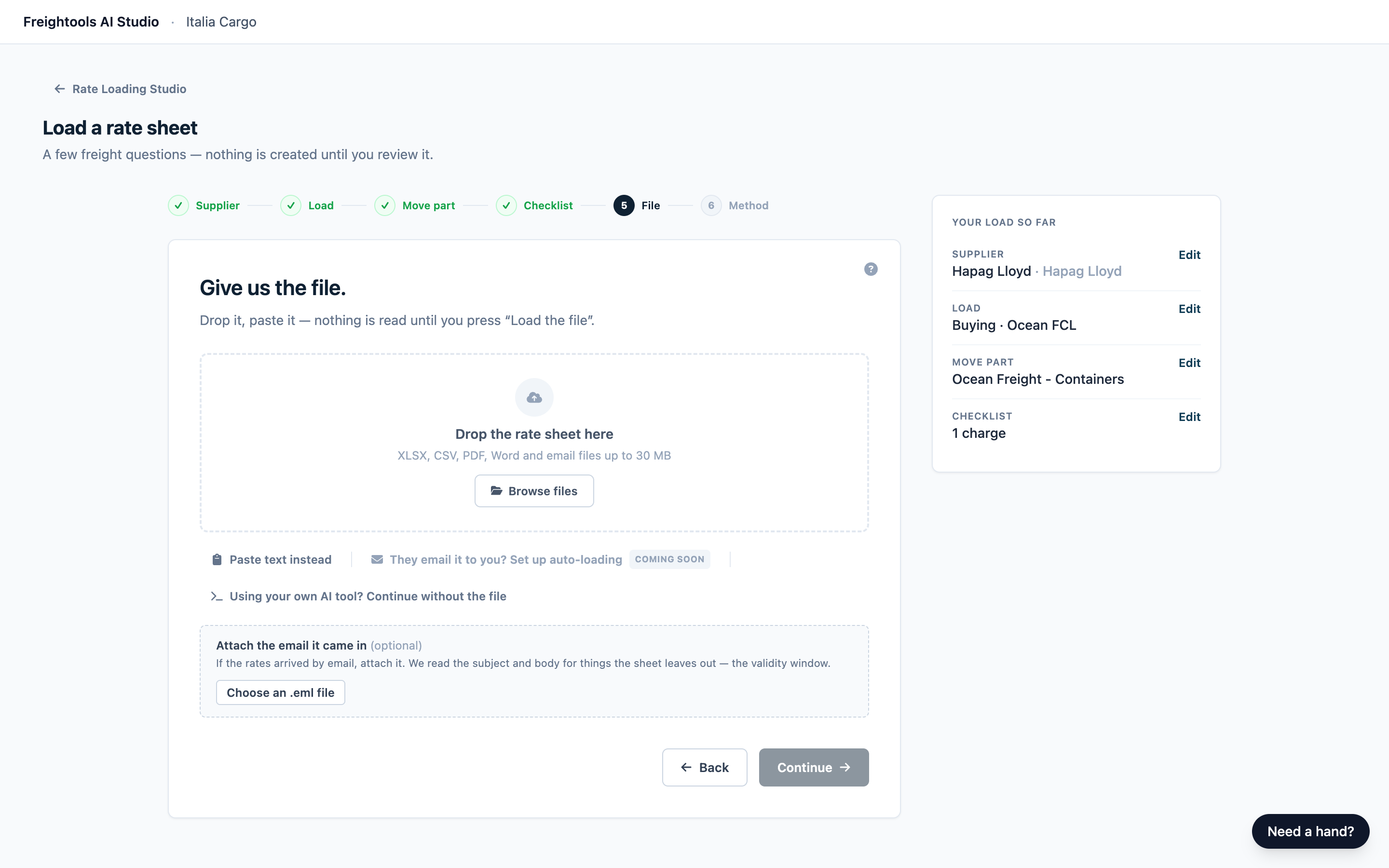 The File step with the drop box, the links under it and the optional email panel