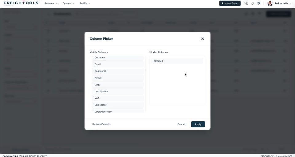 The Column Picker scrolled down, with a column moved into the Hidden Columns list