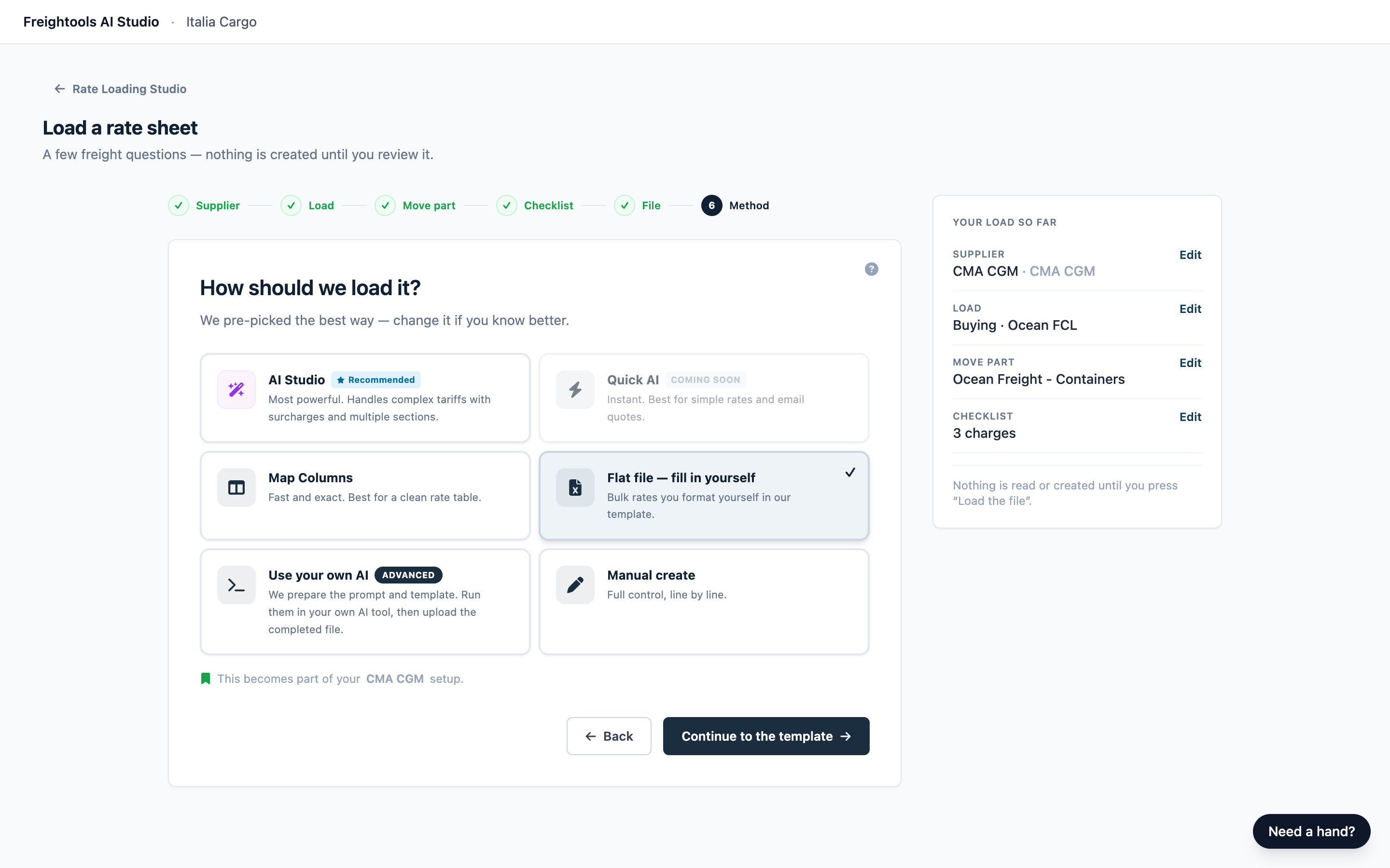 How should we load it? with Flat file selected and Continue to the template ready
