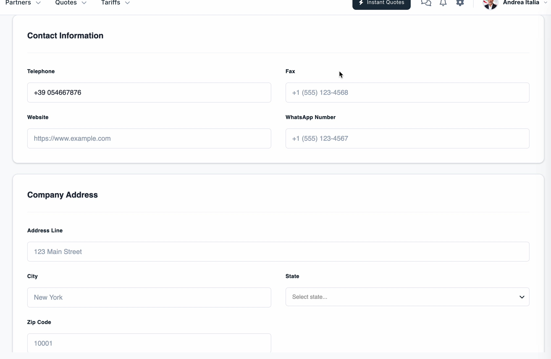 Contact Information and Company Address on the Basic Info tab