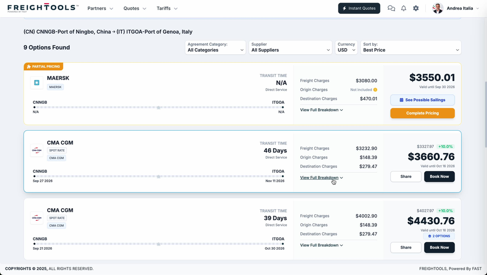 Three option cards for the same Ningbo to Genoa lane — a Maersk option badged PARTIAL PRICING with Origin Charges "Not included" and a total of $3550.01 (Freight Charges $3080.00 plus Destination Charges $470.01), and two CMA CGM options at 46 days totalling $3660.76 and 39 days totalling $4430.76 — with the pointer on View Full Breakdown on the middle card, which is outlined in blue
