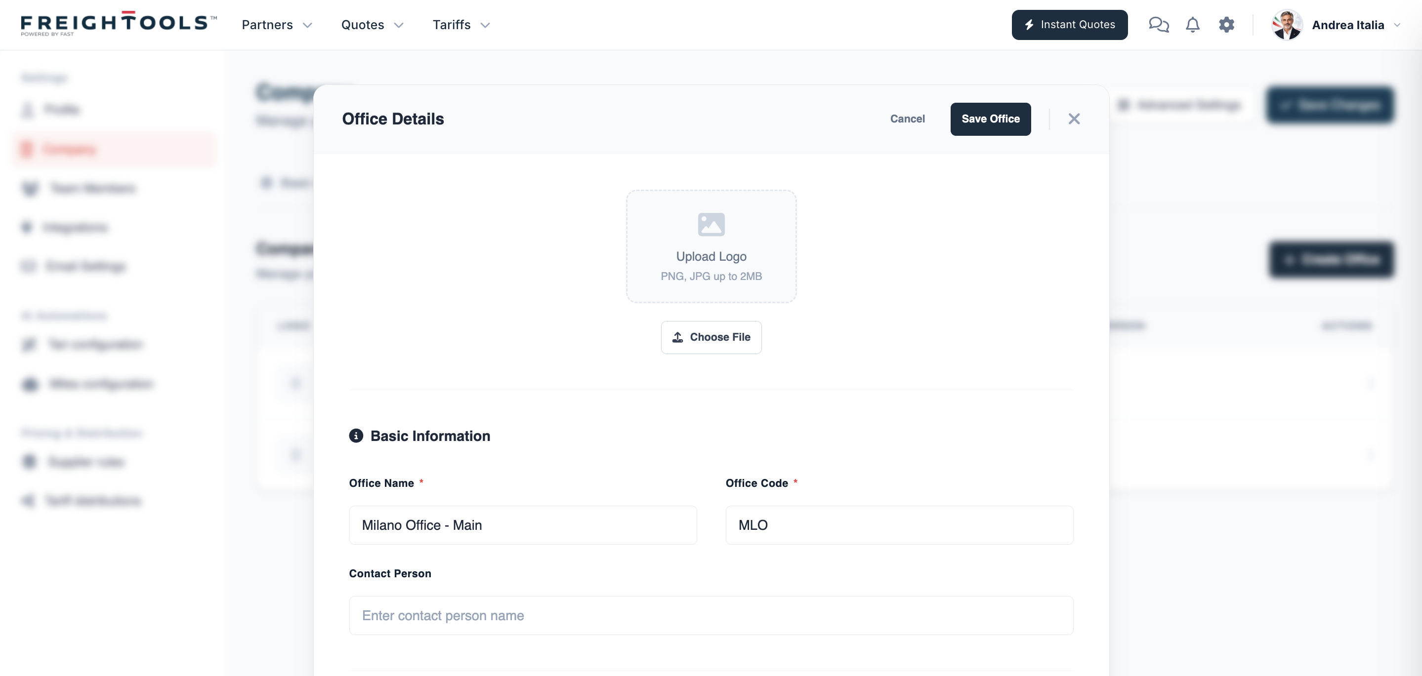 Office Details: the logo upload and the Basic Information fields