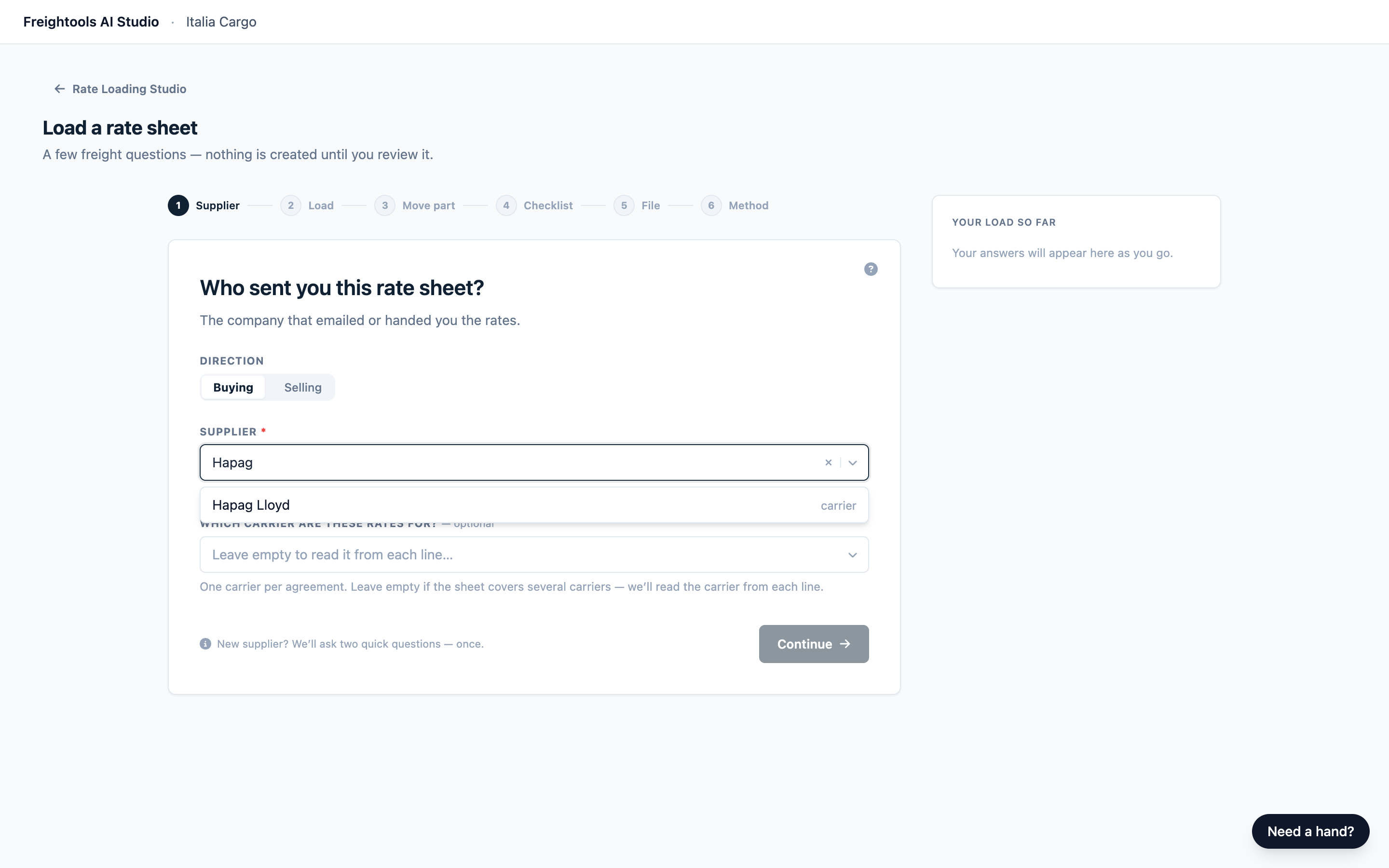 Step 1 with the supplier search open and matching suppliers listed