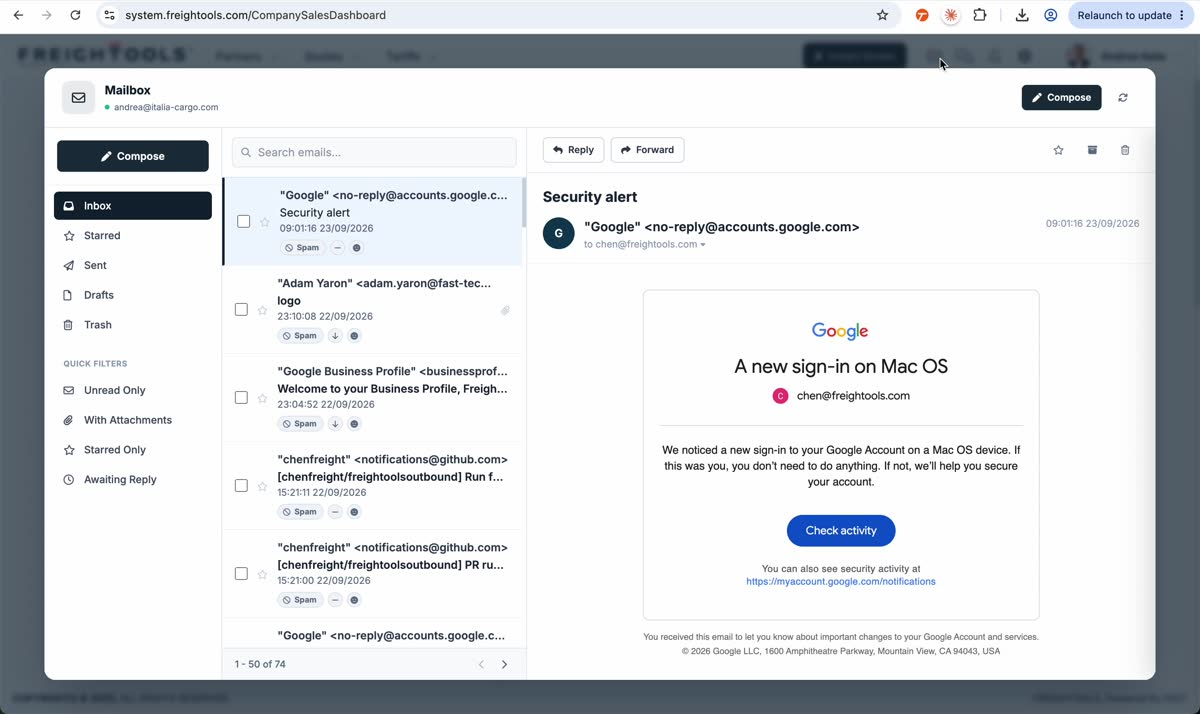 An opened email appears on the right while its row on the left shows AI classification signals and the mailbox actions Reply and Forward.
