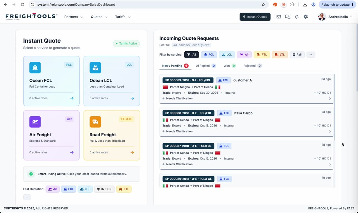 The Freightools dashboard shows Incoming Quote Requests with Sent to: No channel configured, demonstrating that the company channel is separate from the user's personal mailbox.