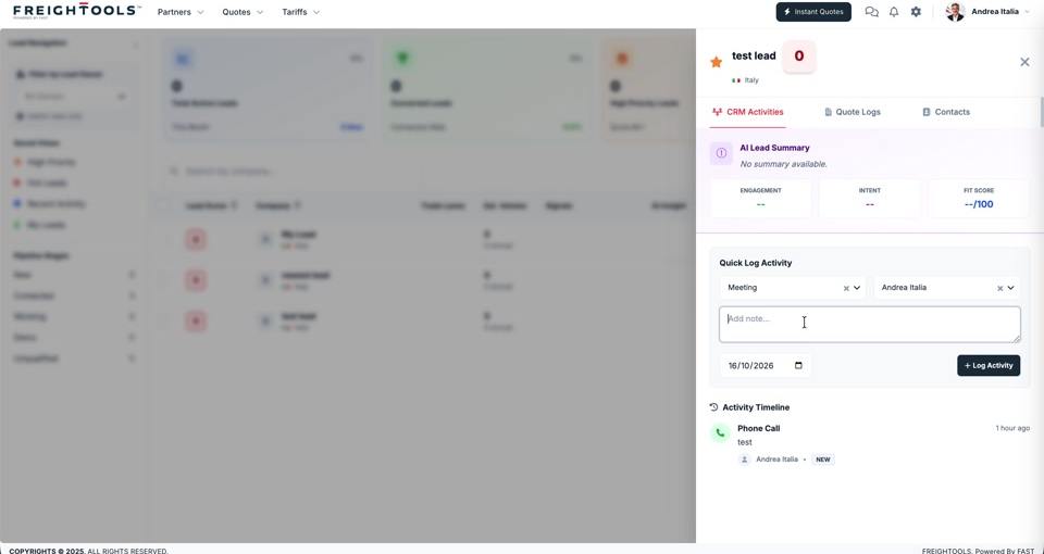 The CRM Activities tab, with the Quick Log Activity form above the Activity Timeline