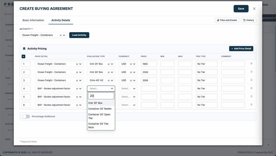 Activity Pricing with six rows — three priced Ocean Freight - Containers rows and three BAF - Bunker adjustment factor rows — and the Evaluation Type list open on row 4, filtered by 20 to four container types