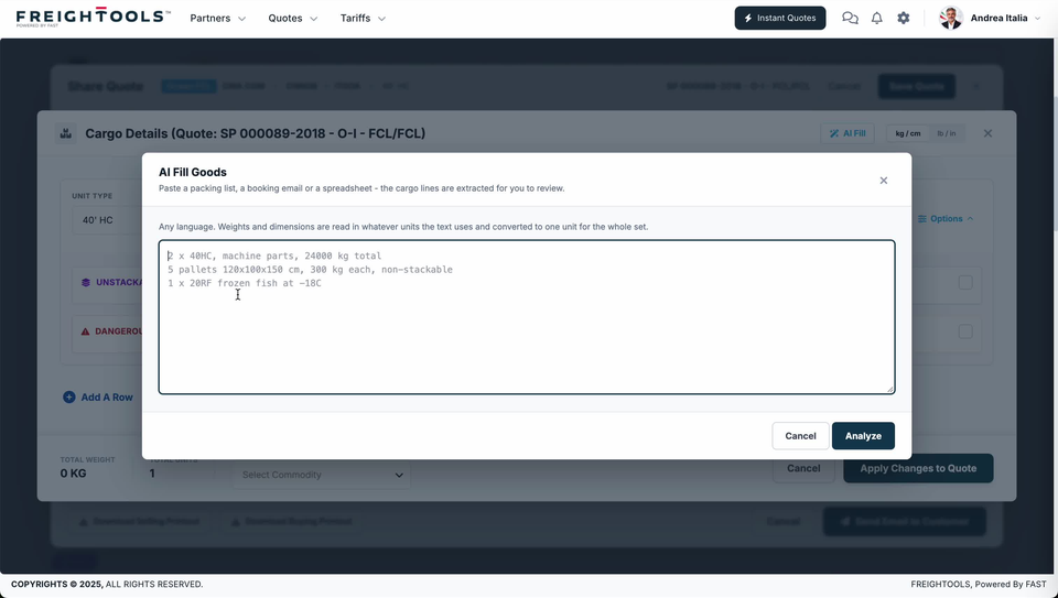 The AI Fill Goods dialog open over the Cargo Details screen, with three example cargo lines showing in the paste box and Cancel and Analyze buttons at its foot