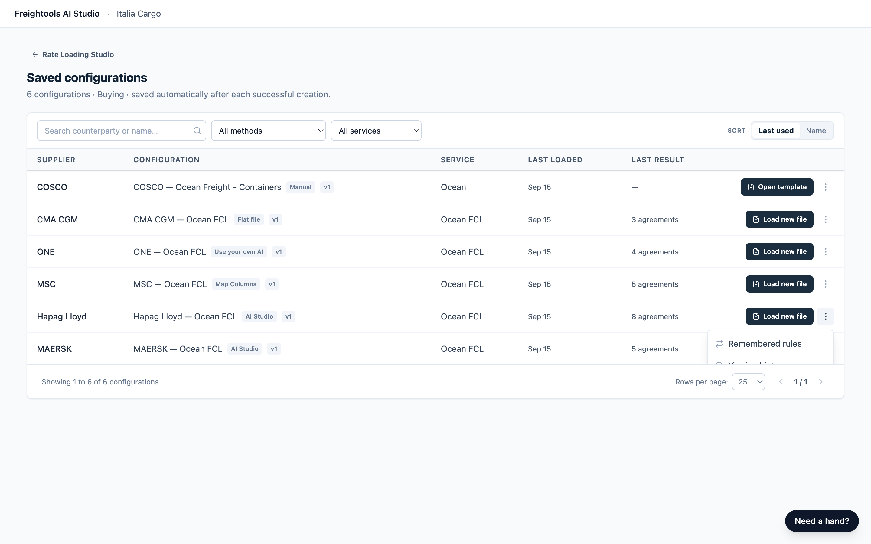 The Saved configurations list with the More actions menu open on a row
