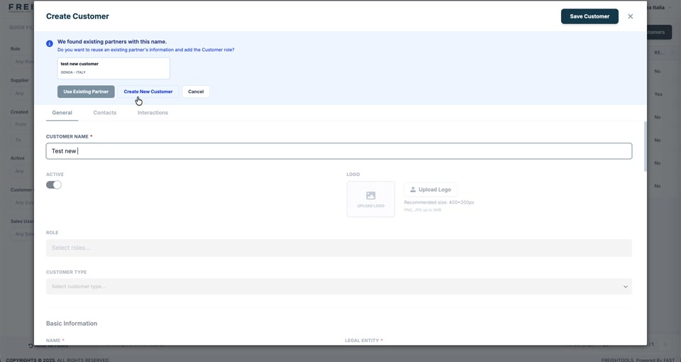 The duplicate warning, offering Use Existing Partner, Create New Customer or Cancel