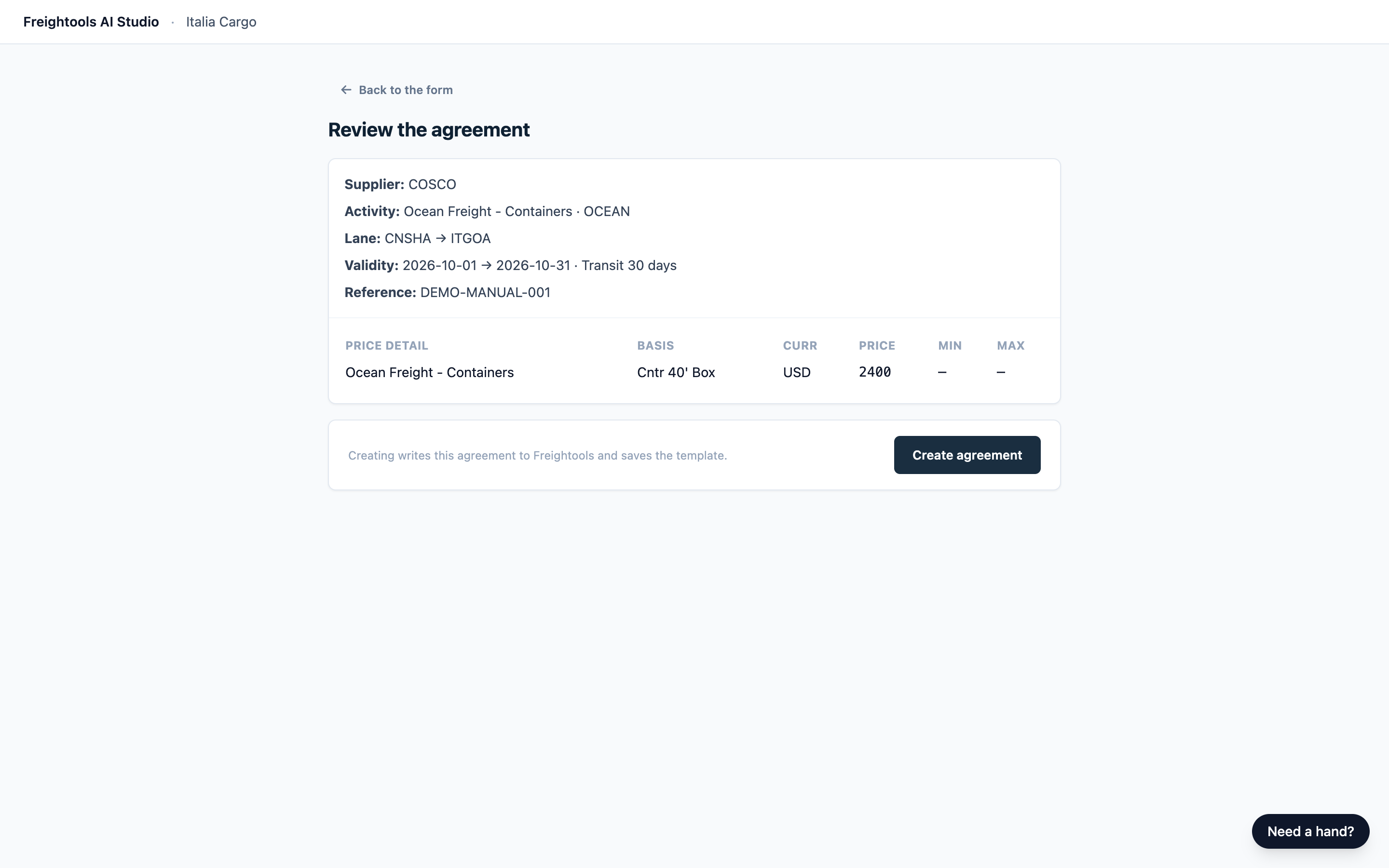 Review the agreement with the summary, the price table and Create agreement
