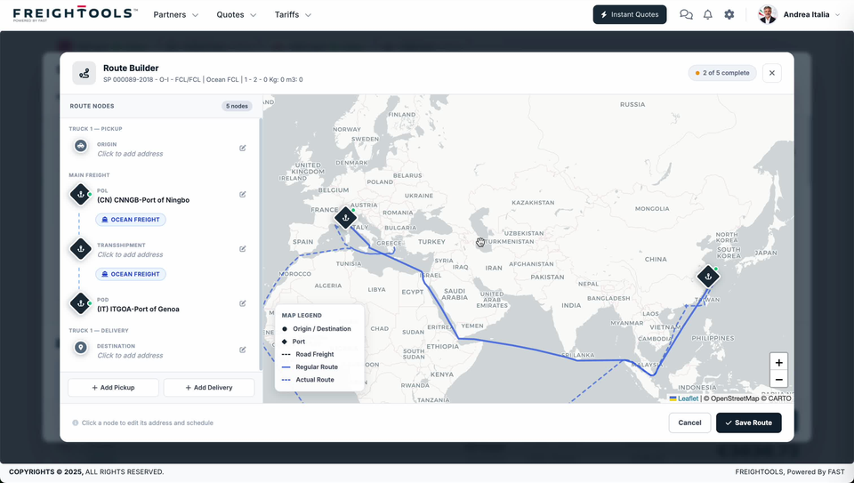 The Route Builder window open over a quotation, headed Route Builder above the line "SP 000089-2018 - O-I - FCL/FCL | Ocean FCL | 1 - 2 - 0 Kg: 0 m3: 0", with a ROUTE NODES panel on the left listing ORIGIN, POL (CN) CNNGB-Port of Ningbo, TRANSSHIPMENT, POD (IT) ITGOA-Port of Genoa and DESTINATION, a pale "2 of 5 complete" pill with an amber dot in the header, and a world map on the right drawing the Ningbo to Genoa route beside a map legend