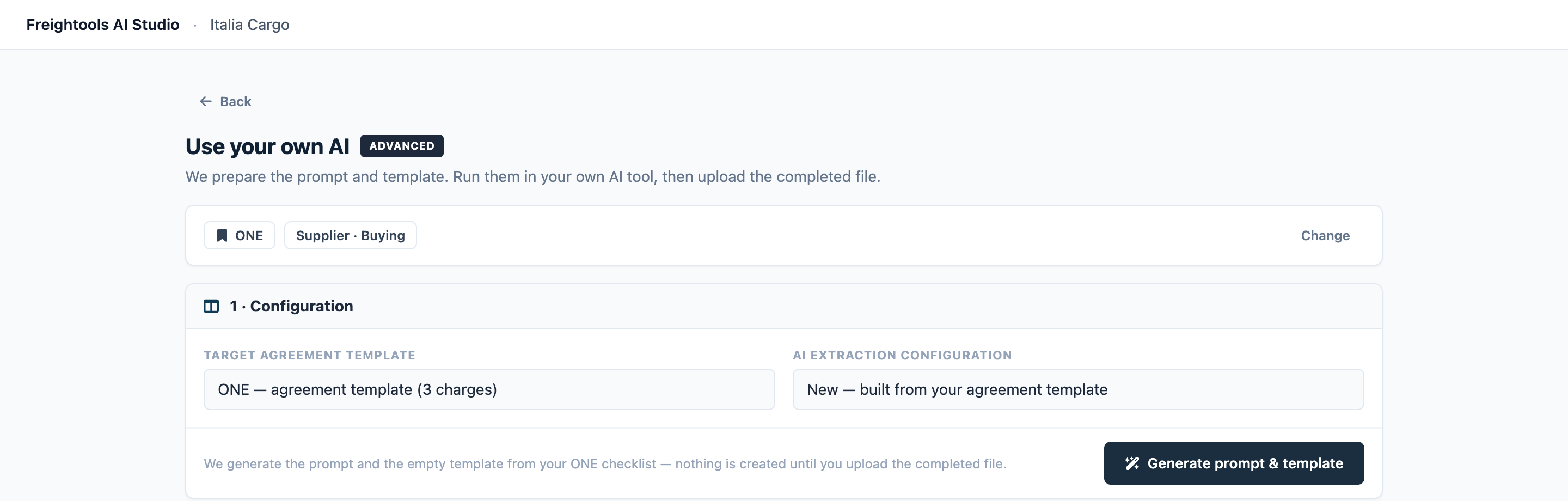 The Use your own AI screen: the details for this load, with Generate prompt & template