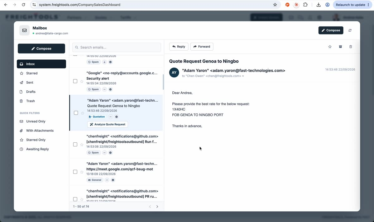 The selected quote-request email contains the shipment request and shows Analyze Quote Request directly below the Quotation badge.