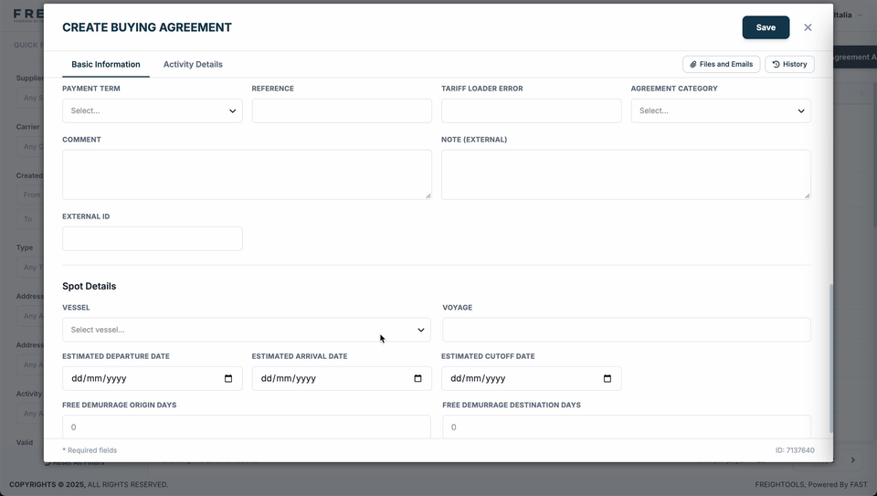 The Spot Details section with an empty Vessel list, Voyage, the three estimated date fields and both free demurrage day fields showing 0