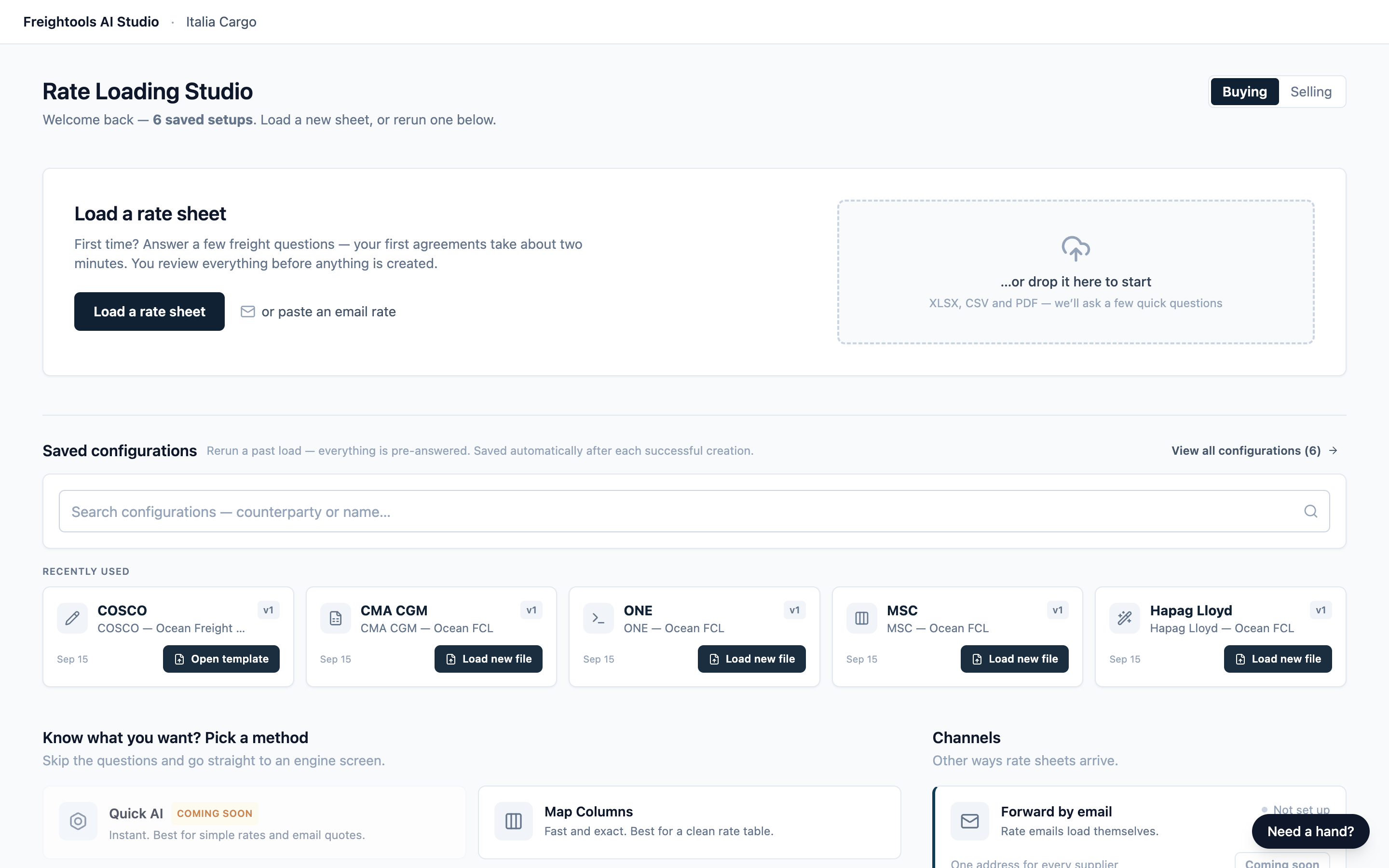The Freightools AI Studio home screen on a production link, with Buying selected