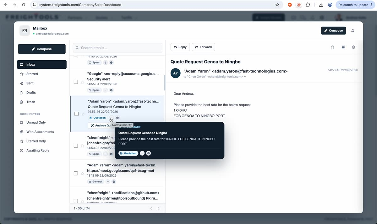 The AI Summary for the quotation request shows a short summary of the request together with its Quotation classification and separate priority and tone indicators.